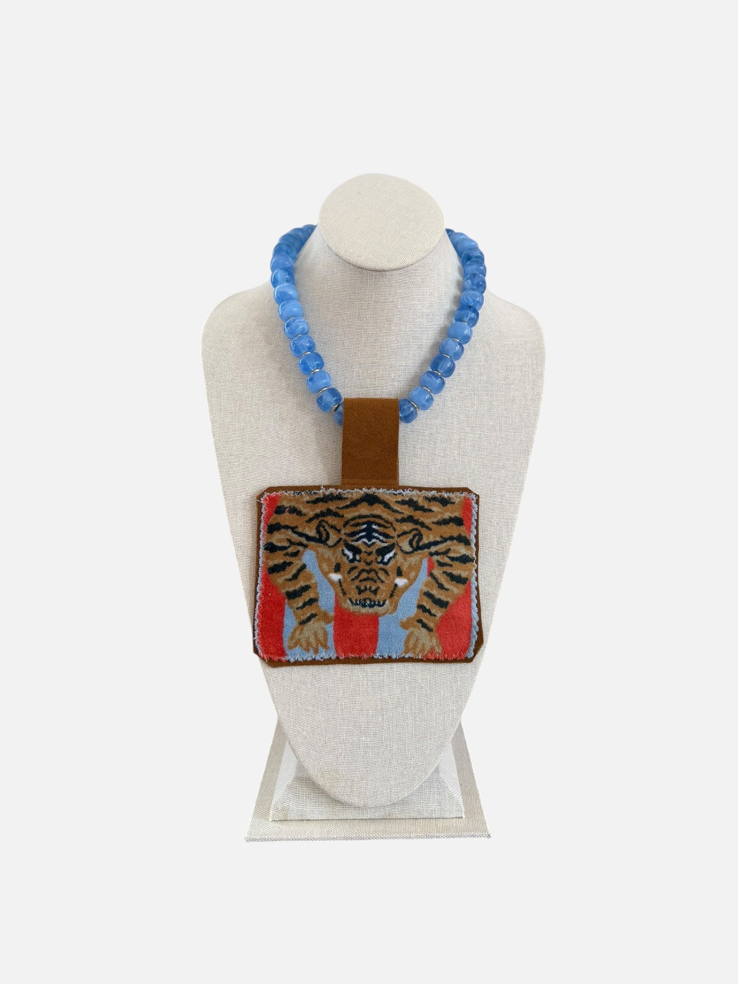 Tiger Pendant - Blue Beaded Necklace